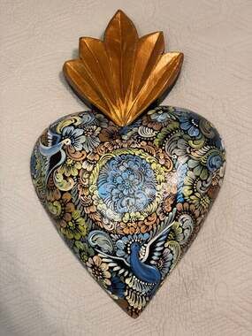 Extra Large Hand-Painted Wooden Sacred Heart Mexican Folk Art Wall Decor